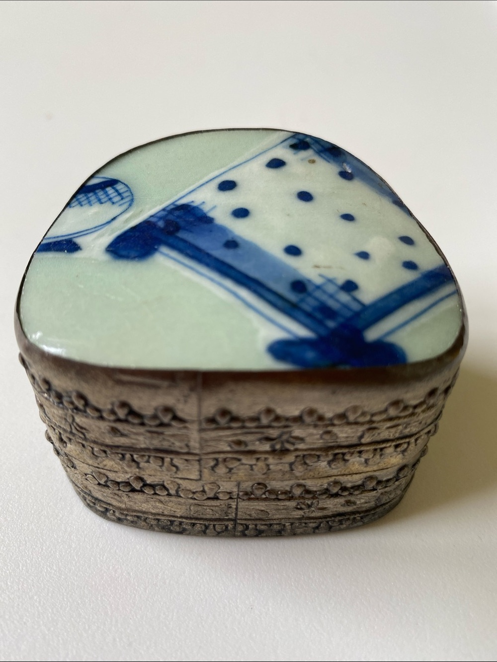 Vintage Asian Trapezoid Hand Painted Porcelain Top Silver Tone Trinket Box
